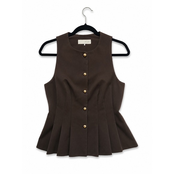Zara Tops - Zara Brown Sleeveless Peplum Top Gold Buttons Pleated Blouse Womens Medium